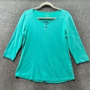 LL Bean Henley Top Women Medium Teal Green 3/4 Sleeve Cotton Casual Everyday
